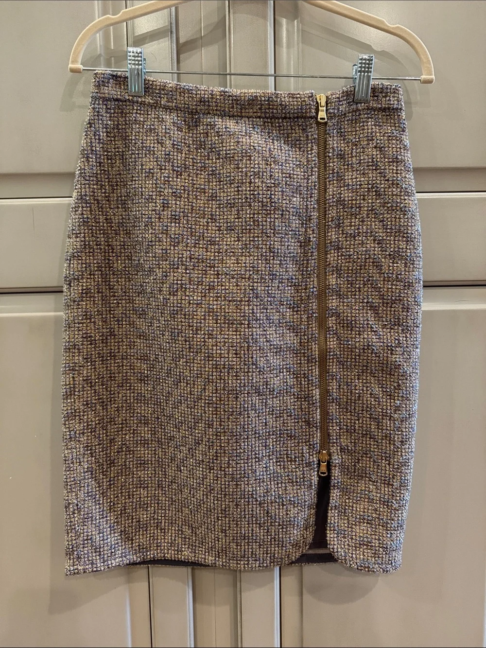 J. Crew Purple Tweed Pencil Skirt with Gold Zip